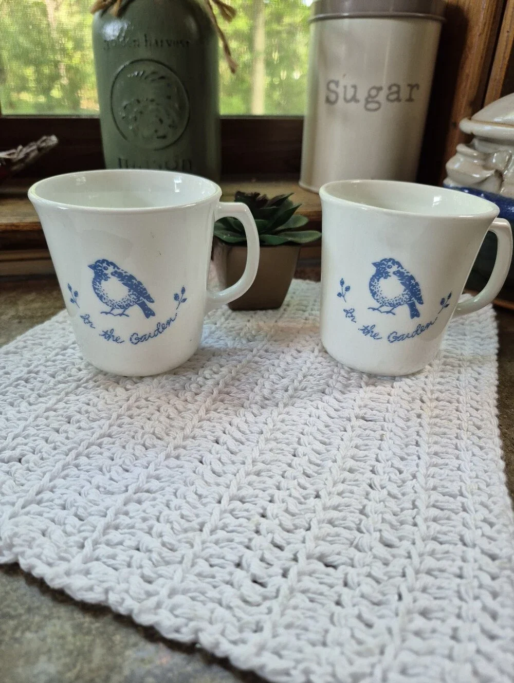 2pc. Vintage Corning In The Garden Blue Bird USA Coffee Mug Set